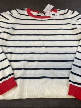 Zesica Women’s Striped Crewneck Black & White w/ Red Trim Puff Sl Large NWT